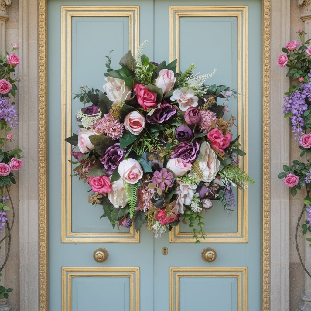Handmade Bridgerton-inspired Queen Charlotte wreath by Steve's Wreath Decs, displayed on a duck-egg blue front door in Cheshire