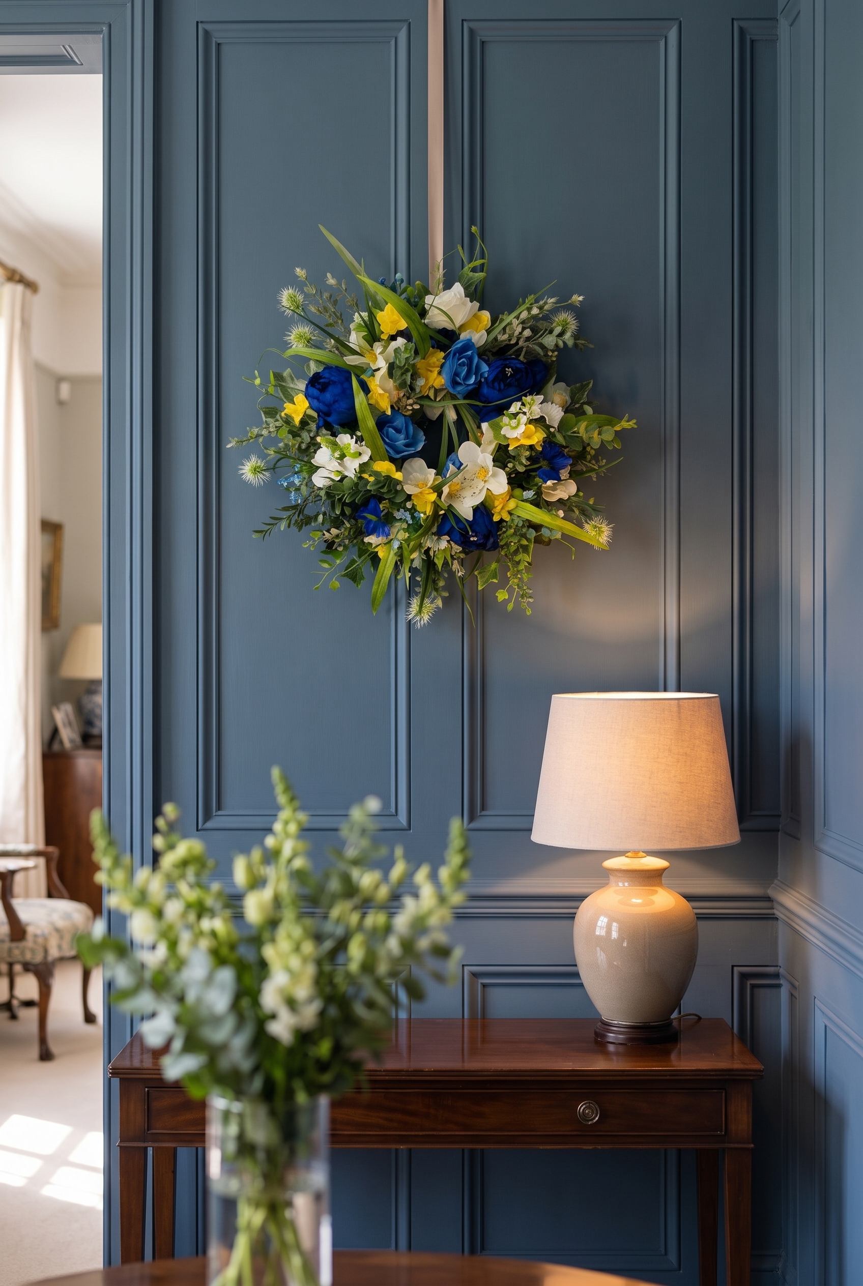 Spring Peony and Narcissus Wreath indoors