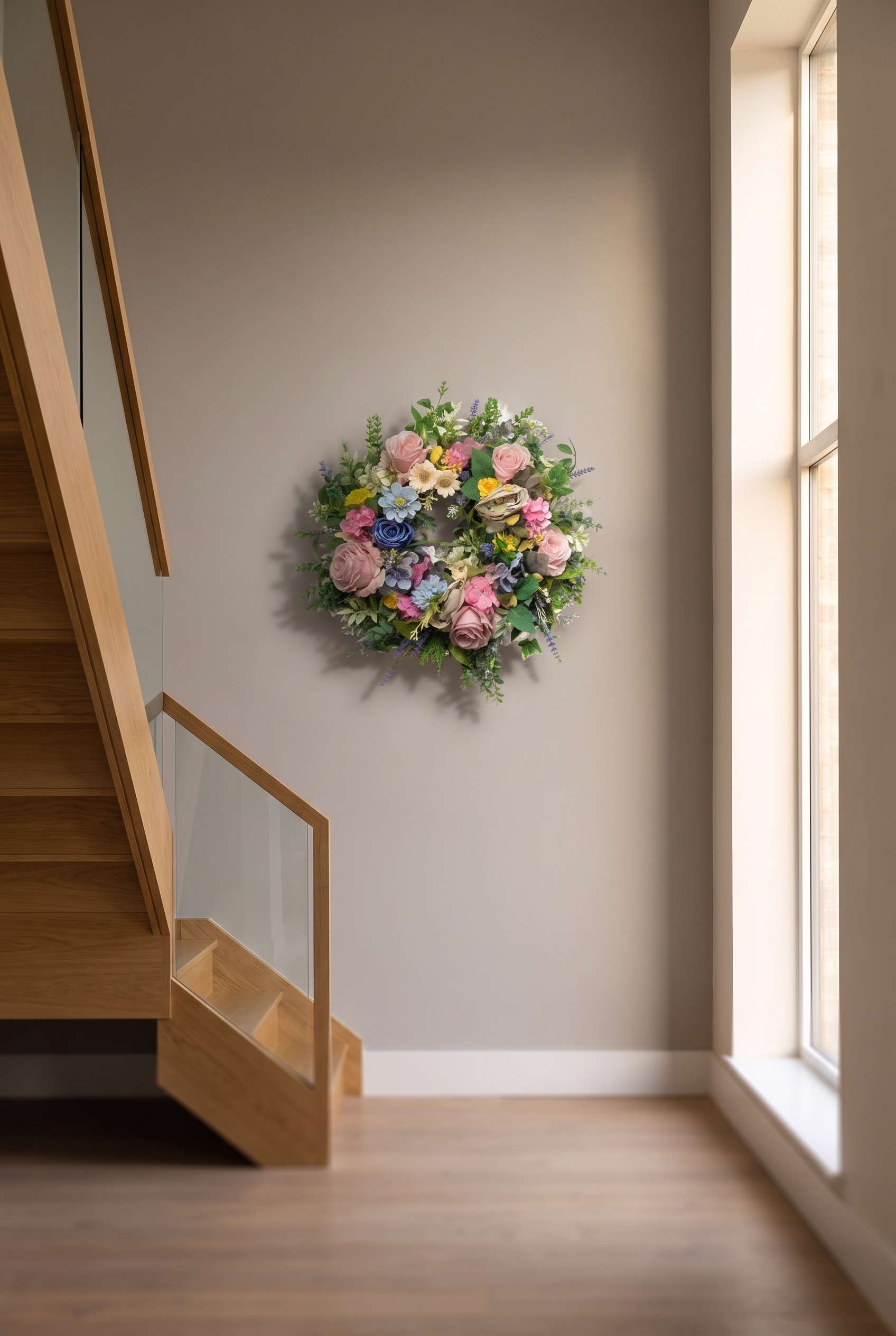 Springtime Elegance Floral Wreath indoors