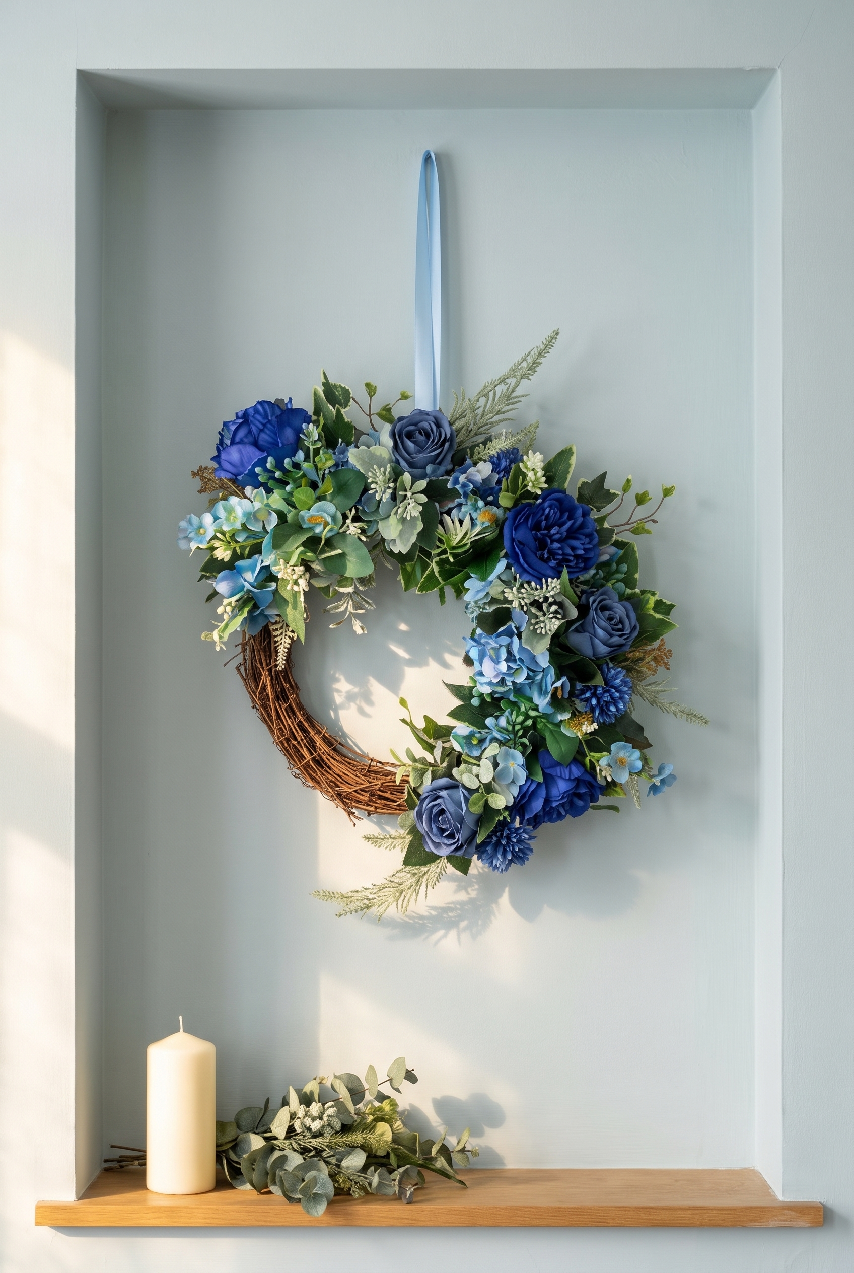 Indigo Rose, Peony and Hydrangea Wreath indoors