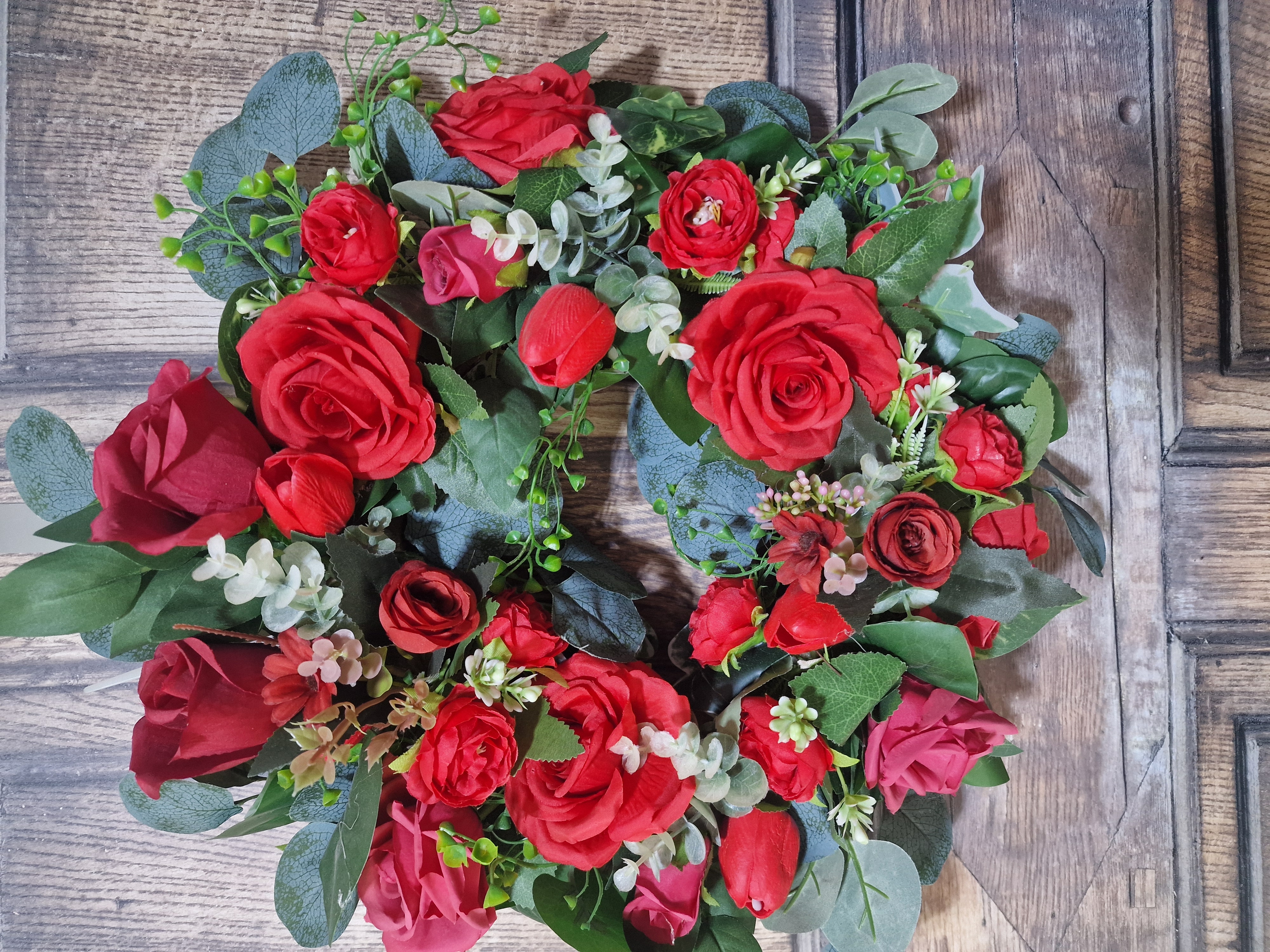 Crimson Rose and Eucalyptus Wreath - Handcrafted by Steve's Wreath Decs