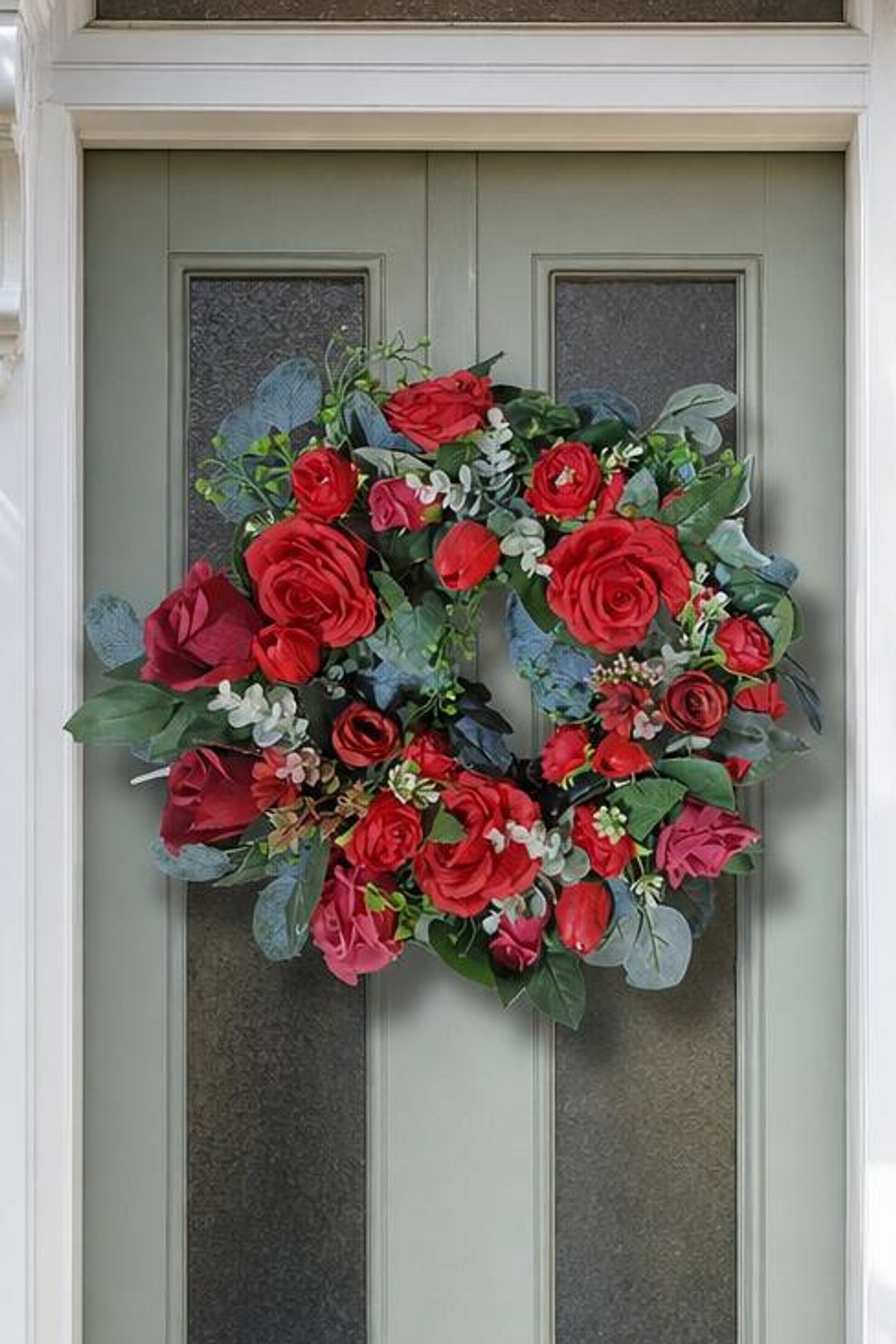 Crimson Rose and Eucalyptus Wreath close up