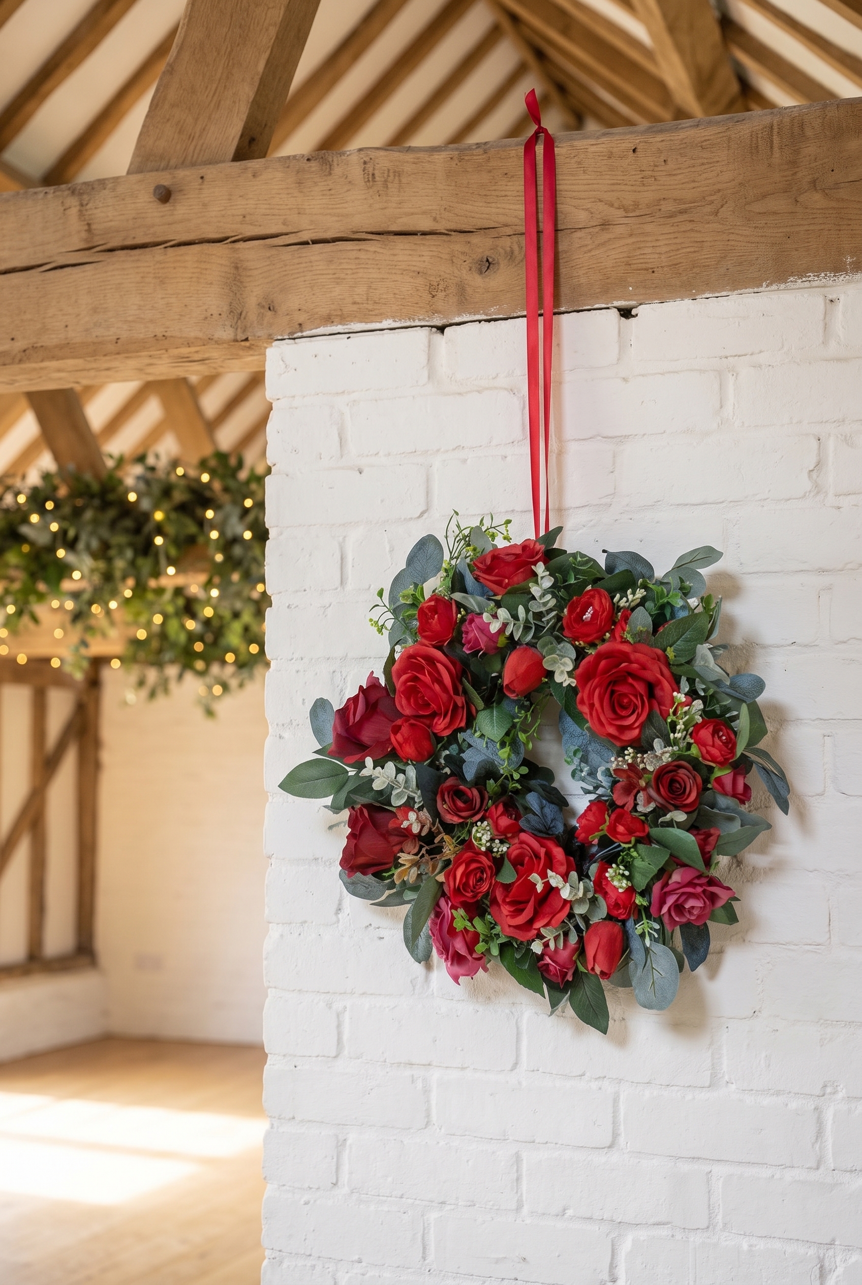 Crimson Rose and Eucalyptus Wreath indoors