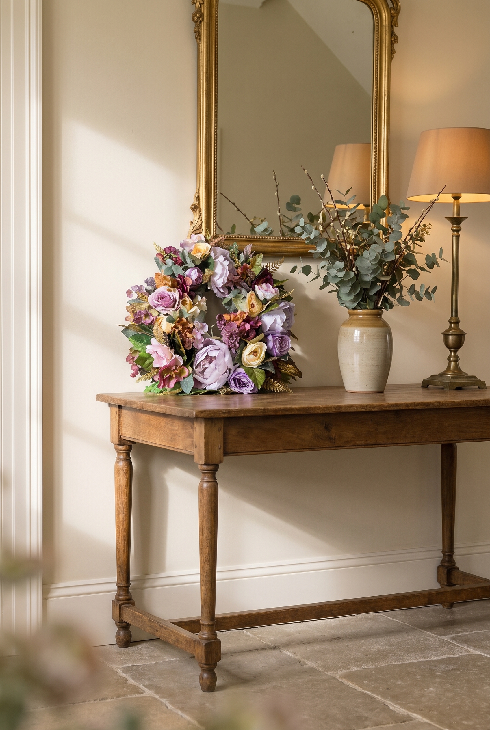 Blush and Autumnal Peony Wreath indoors