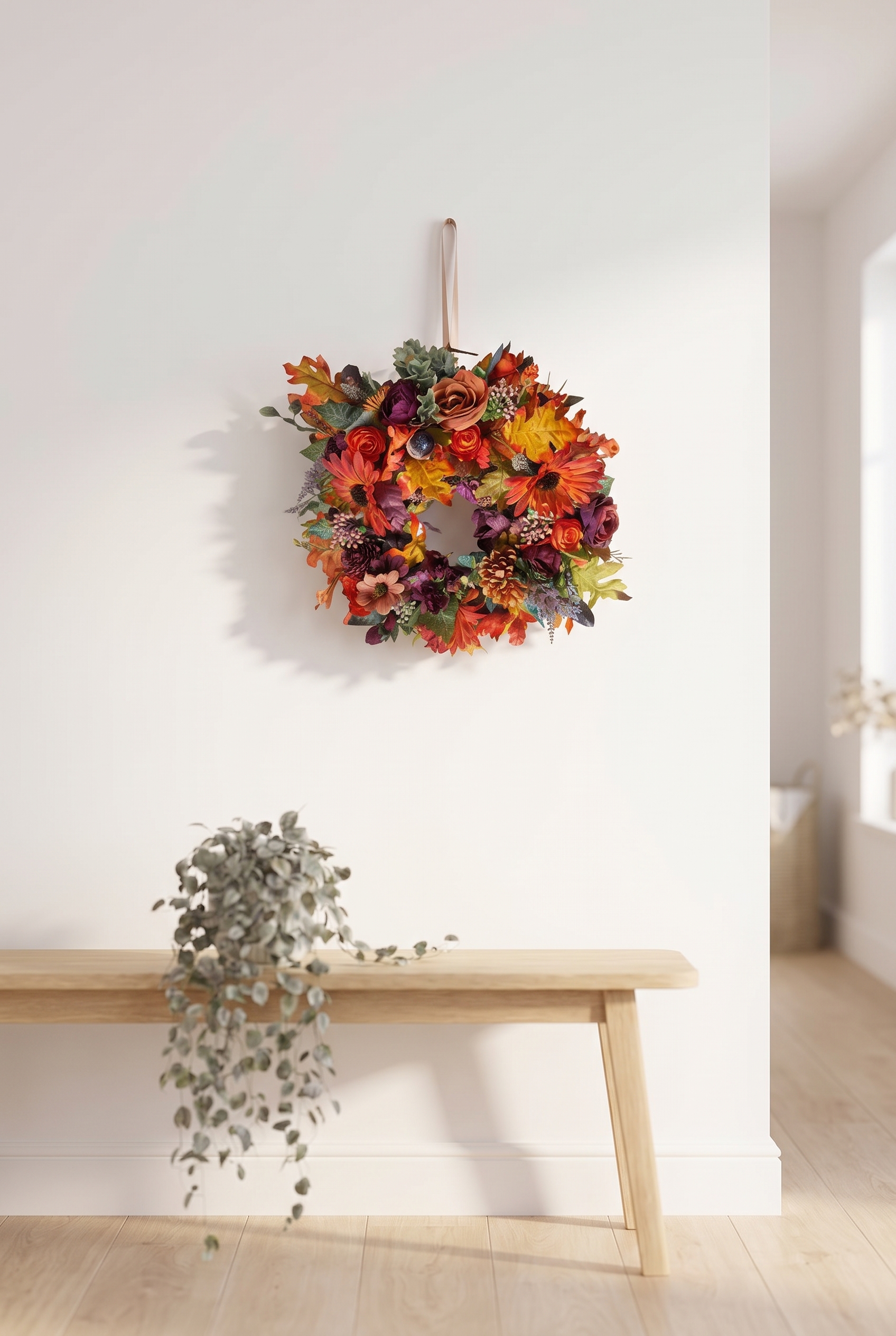 Burgundy and Burnt Orange Autumn Wreath indoors