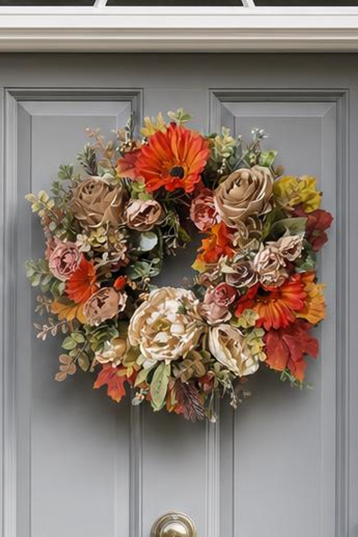 Autumn Coffee and Cream Rose/Peony Wreath close up