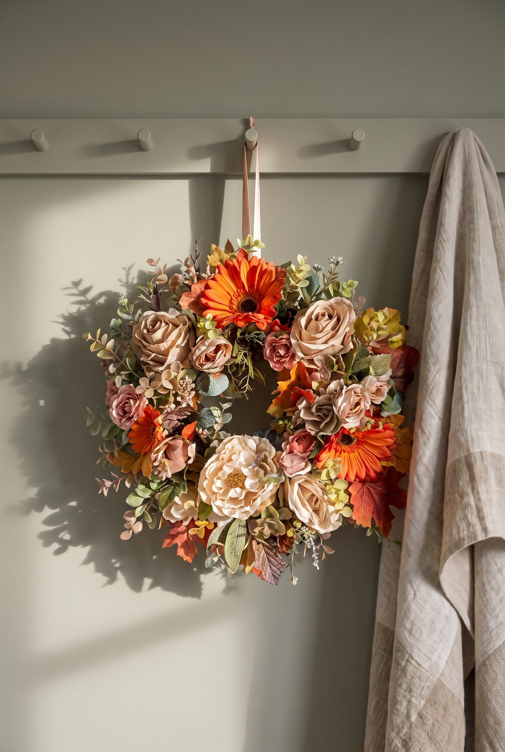 Autumn Coffee and Cream Rose/Peony Wreath indoors