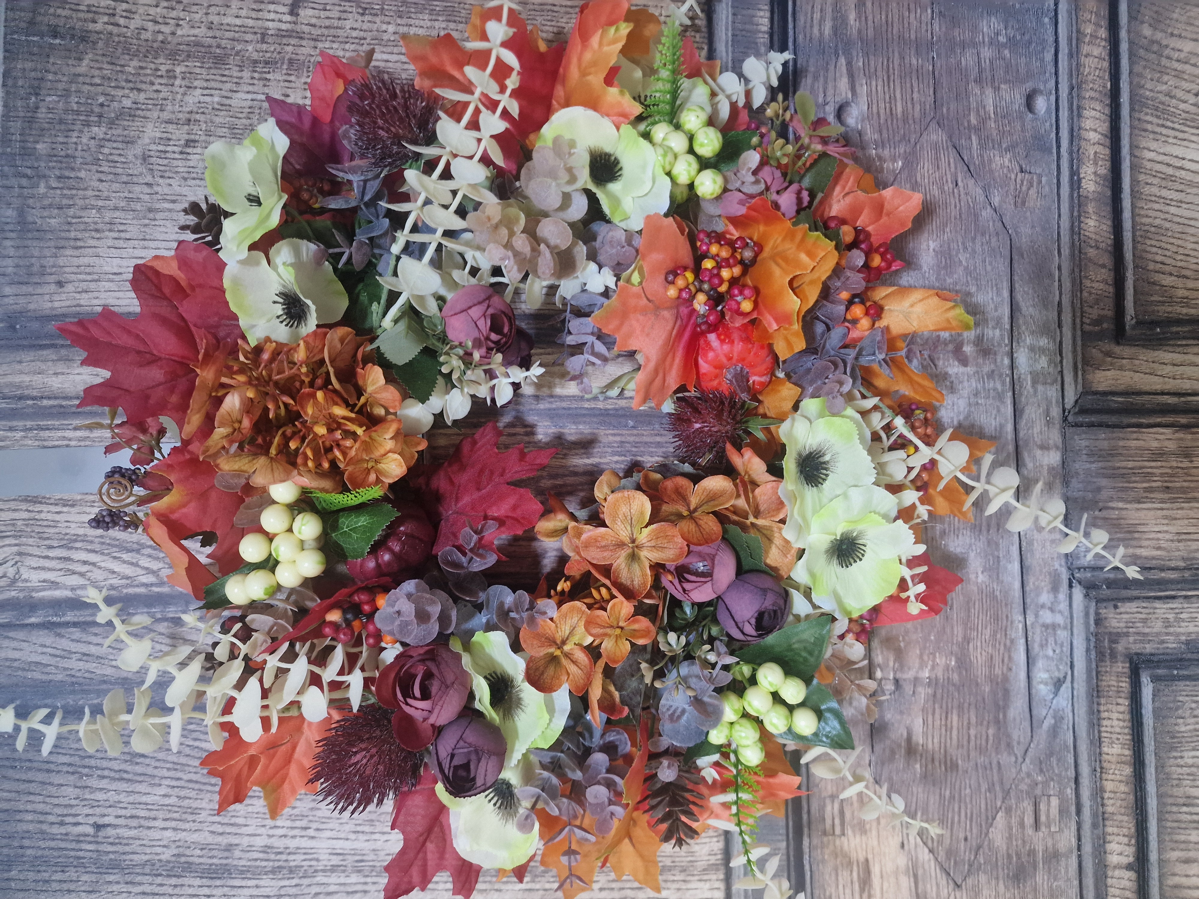 Burgundy and Orange, Autumn Poppy and Berries - Handcrafted by Steve's Wreath Decs