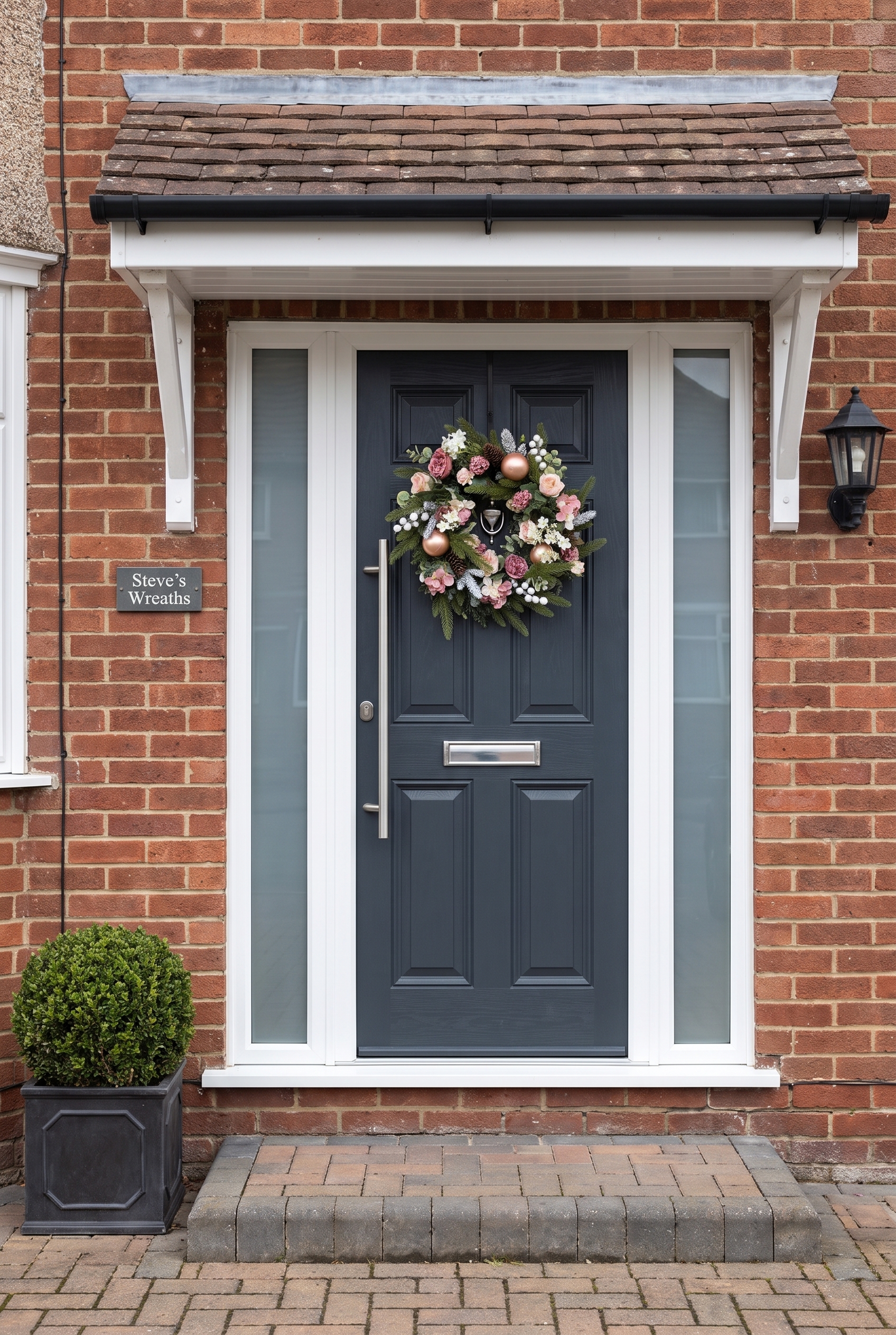 Pink & White Christmas Rose Wreath on a front door