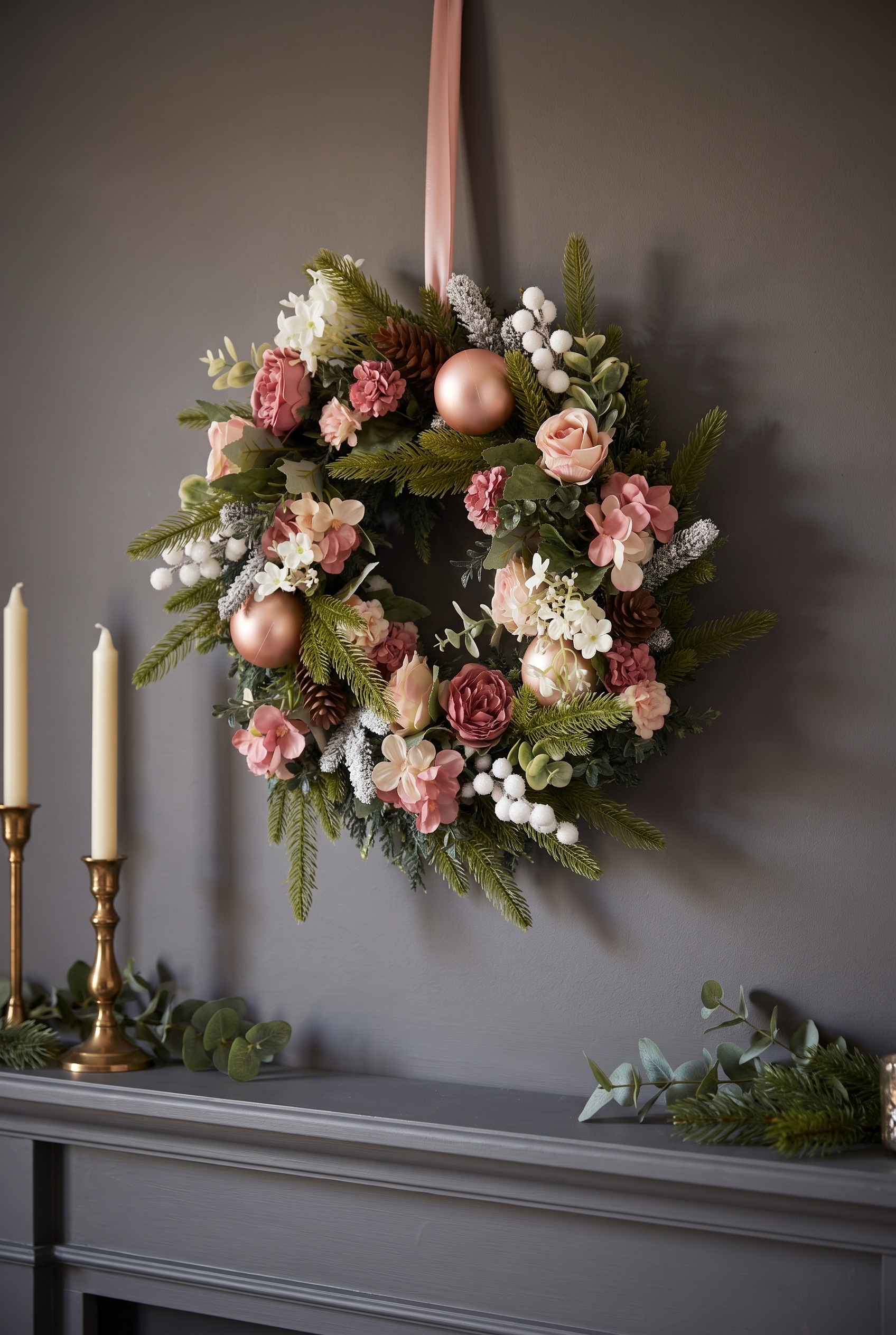 Pink & White Christmas Rose Wreath indoors