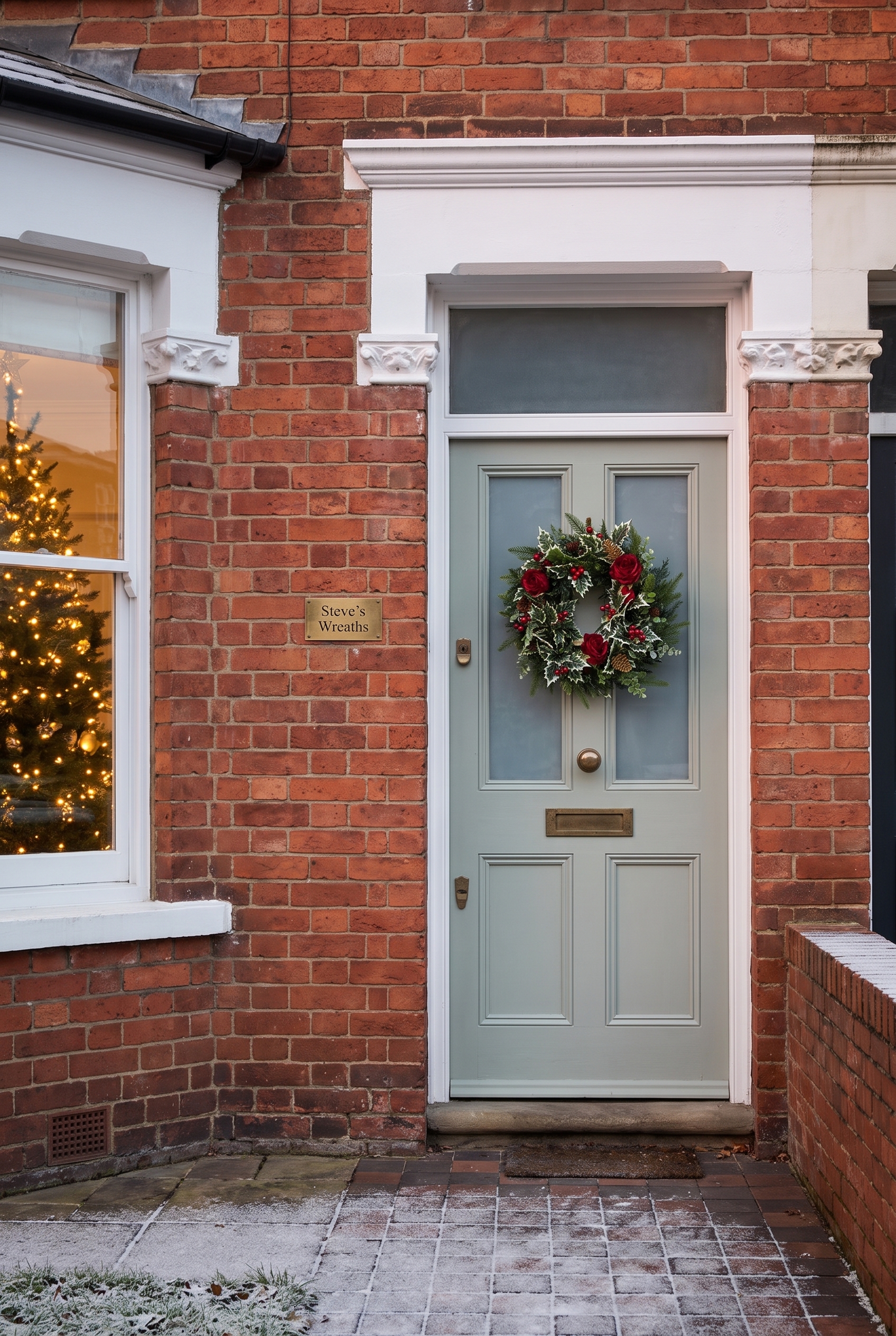 Festive Red Rose and Holly on a front door