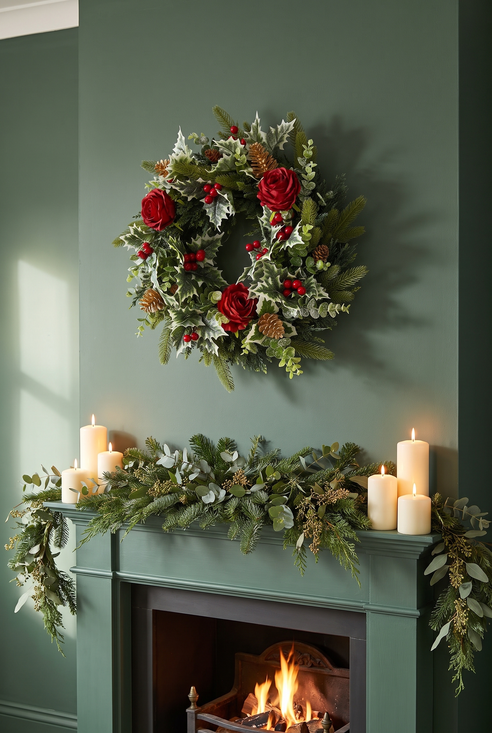 Festive Red Rose and Holly indoors