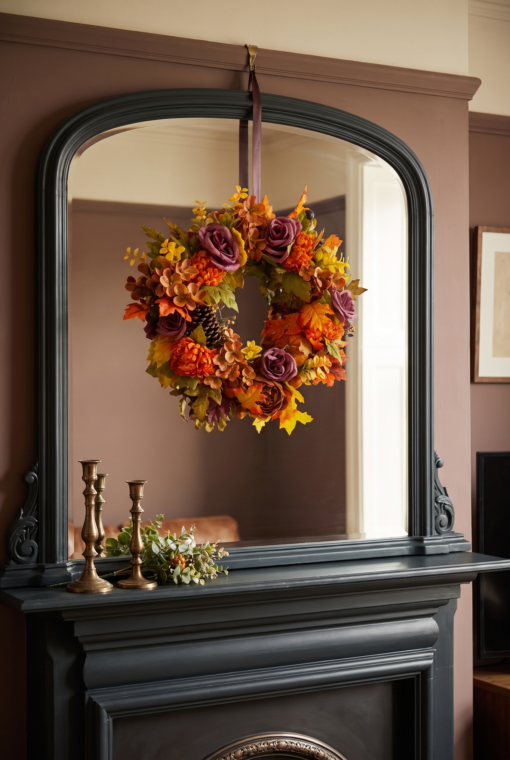 Burgundy Rose Autumn Wreath indoors