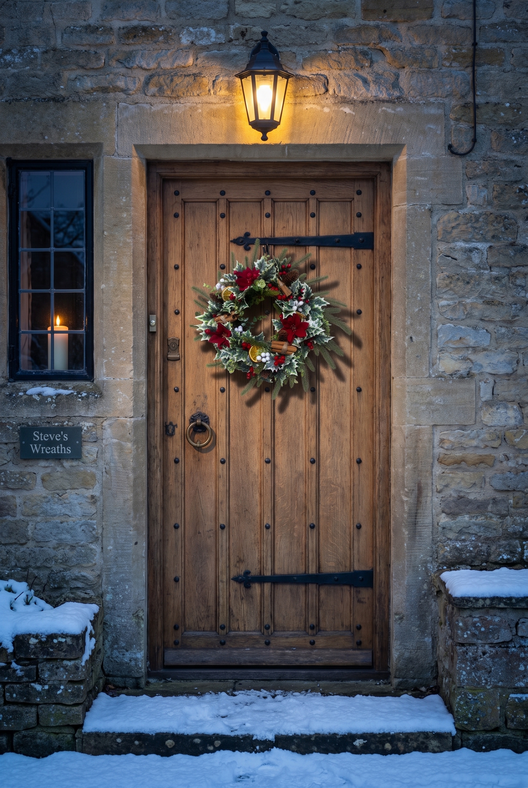 Poinsettia, Holly and Fir Wreath on a front door