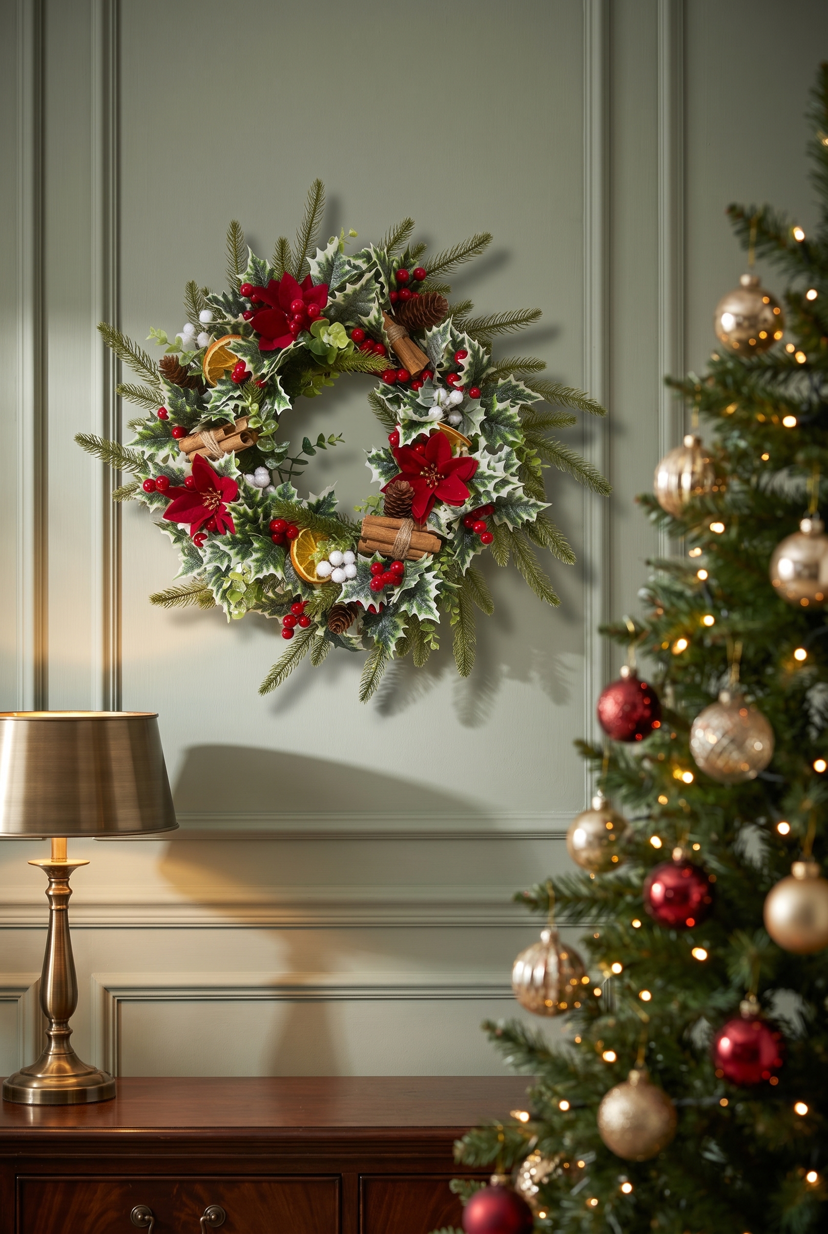 Poinsettia, Holly and Fir Wreath indoors