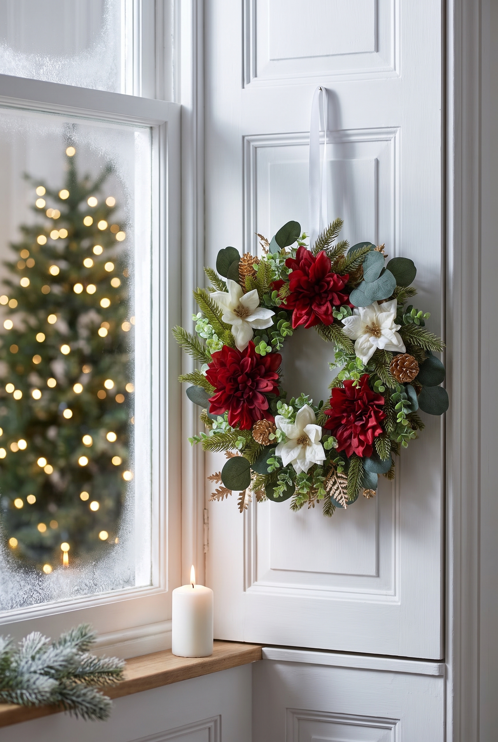 Burgundy and Gold Poinsettia Wreath indoors