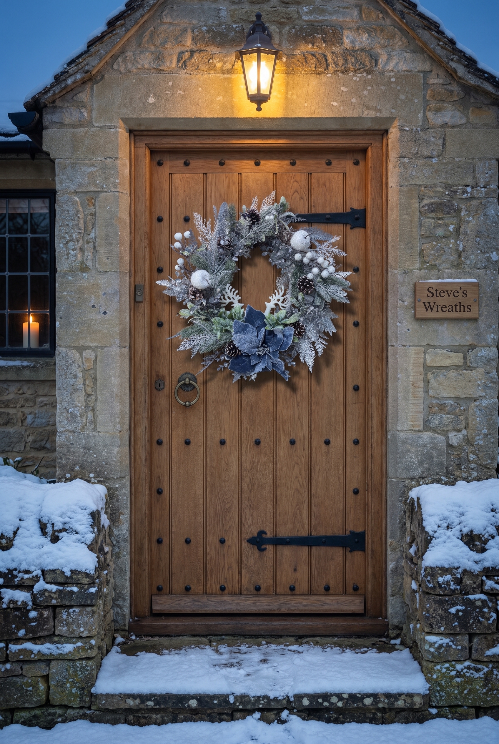 Frosted Blue Poinsettia Elegance on a front door