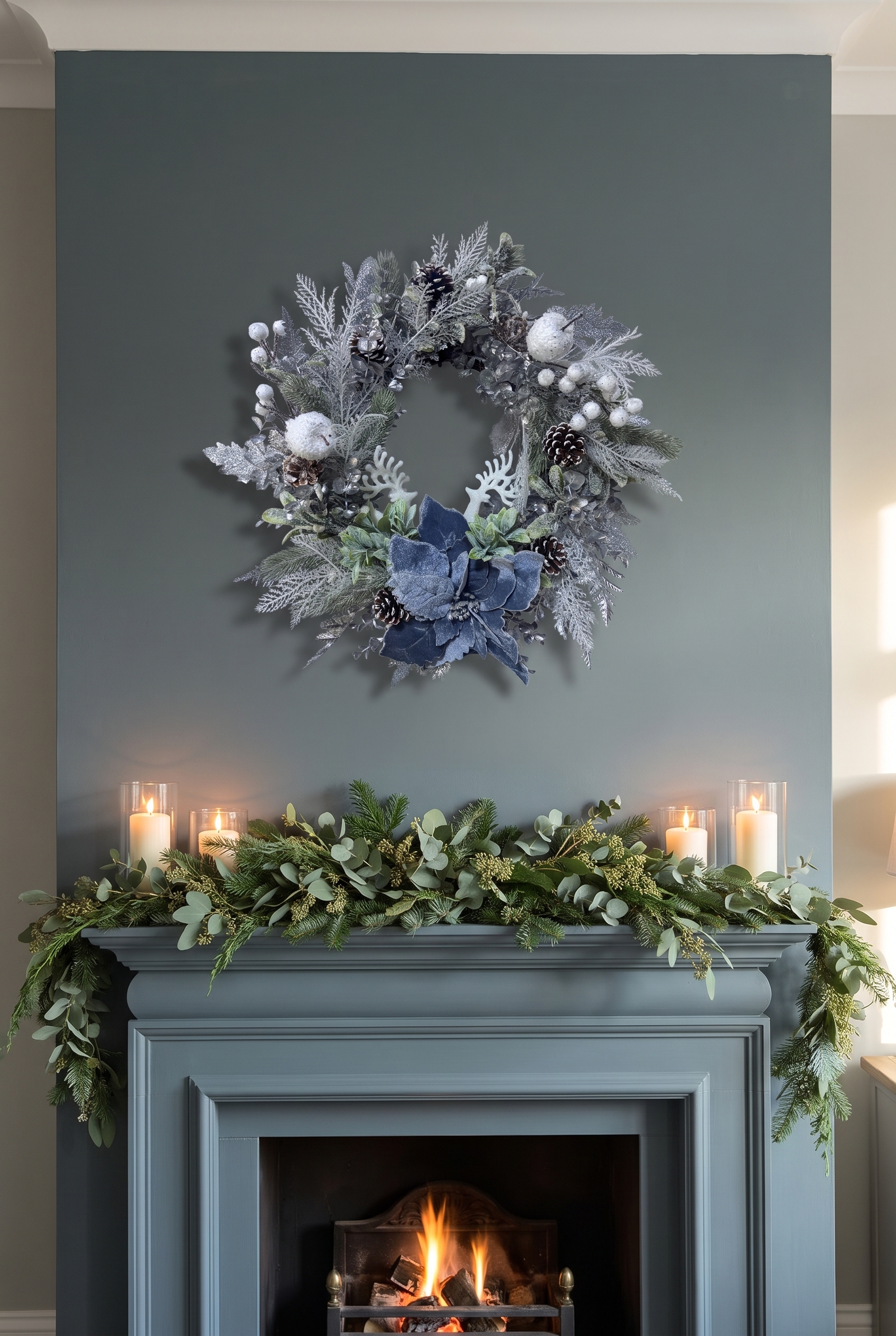 Frosted Blue Poinsettia Elegance indoors