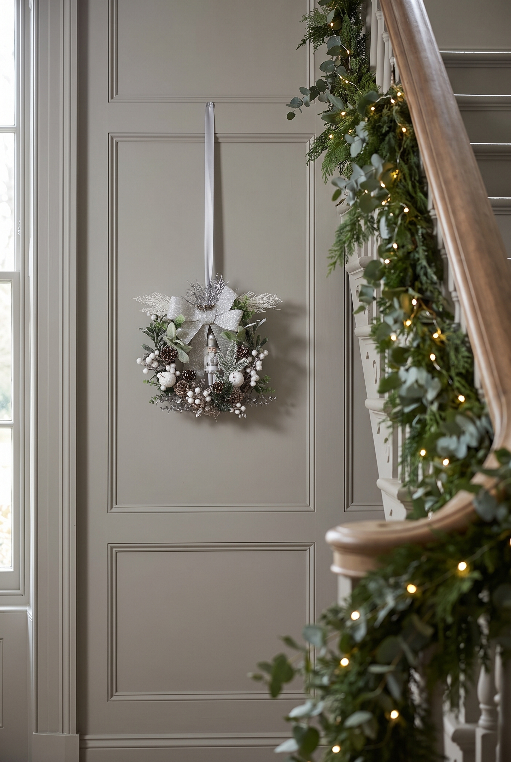 Silver Frosty Nutcracker Wreath indoors
